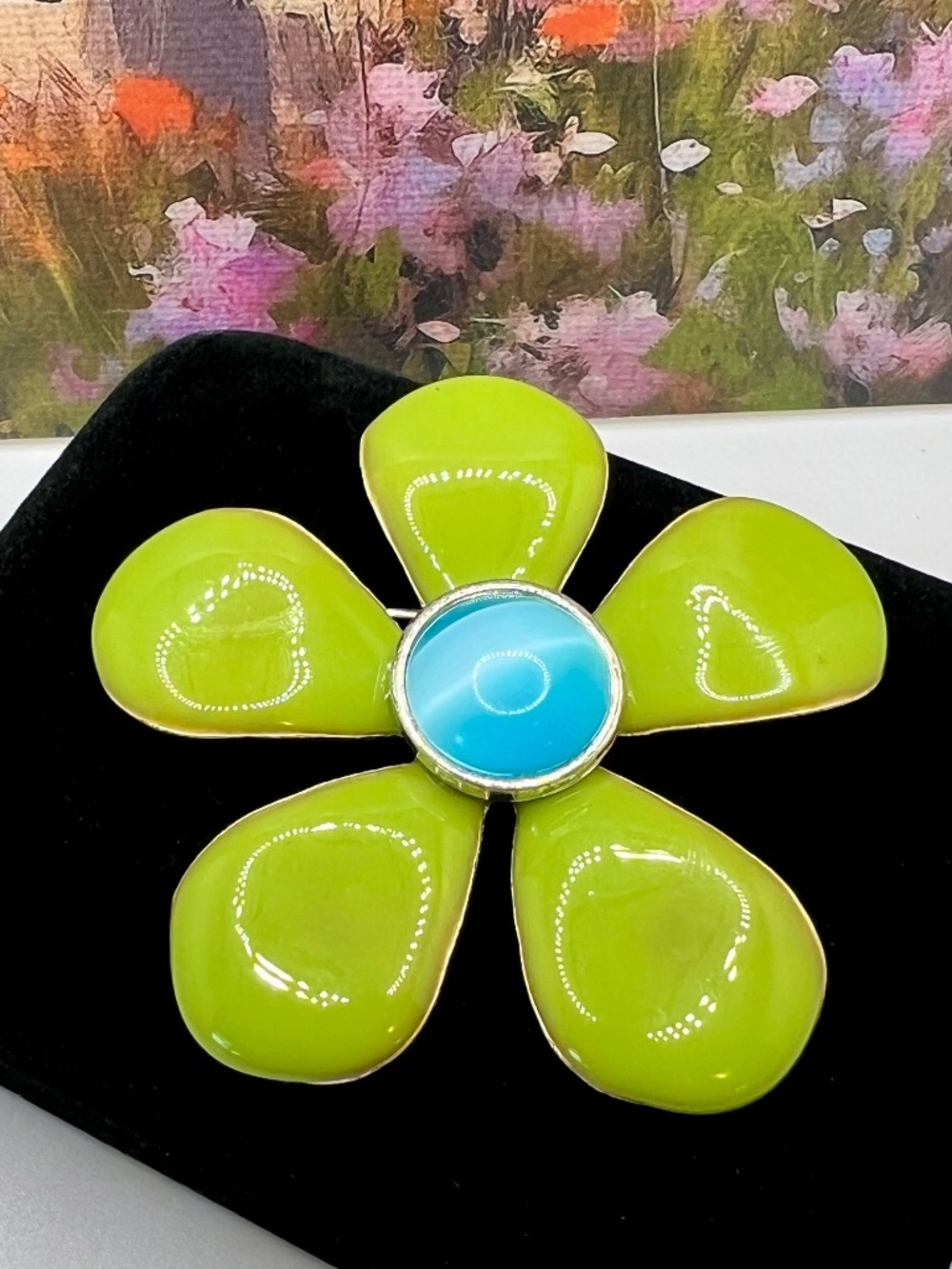 Tanya Creations Green Enamel Flower Blue Cat Eye Center